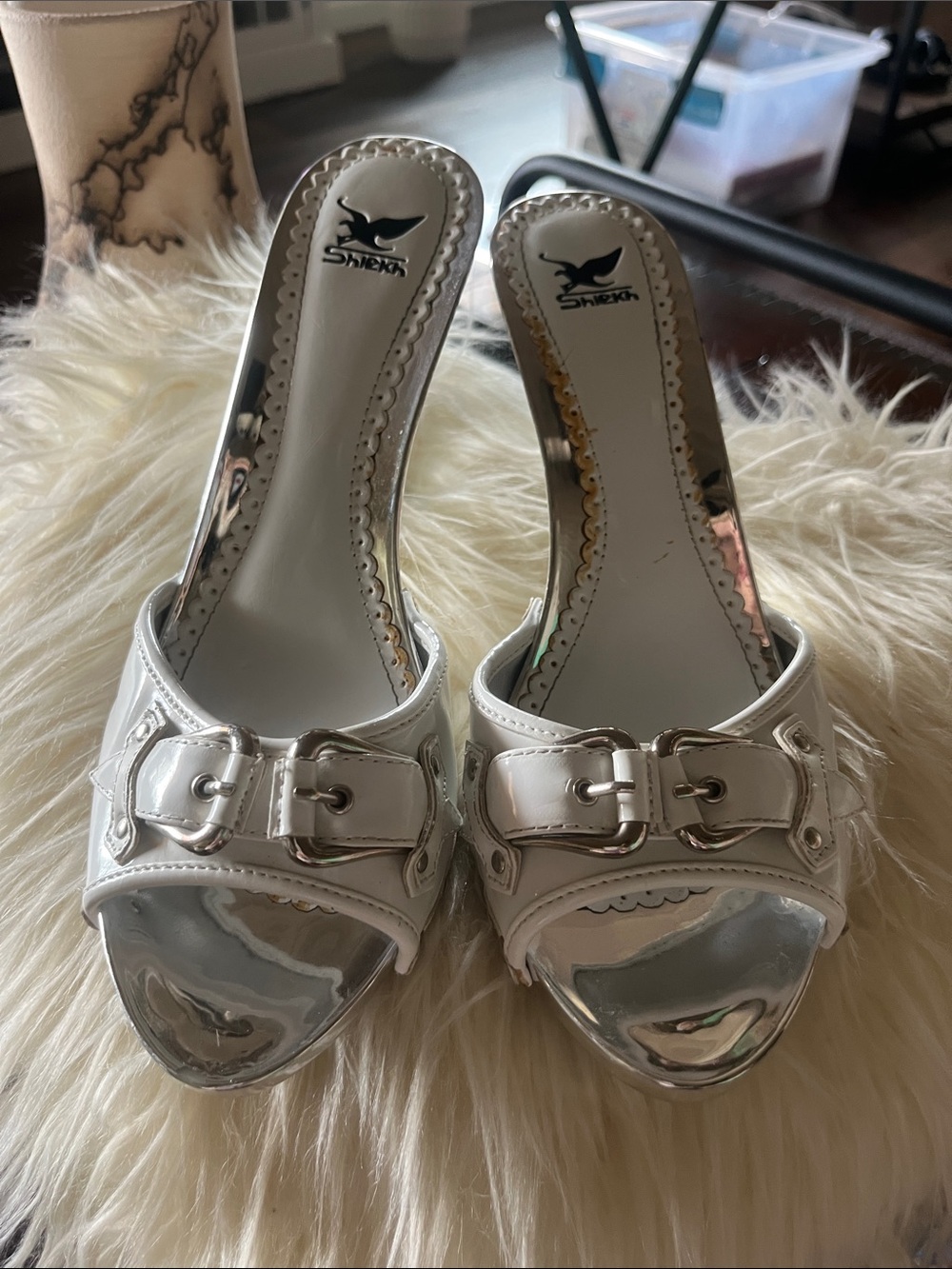 LIKE NEW ! Shiekh White and Silver Slip-On Mules with Buckle Detail